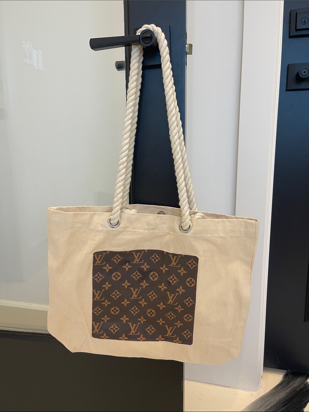 LAST ONE Beige Canvas Tote with Brown Monogram Patch and Rope Handles